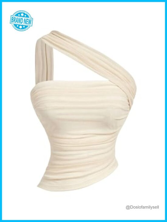 Tops - One Shoulder Halter Crop Top Tank - Mesh Ruched Sleeveless Going Out Top